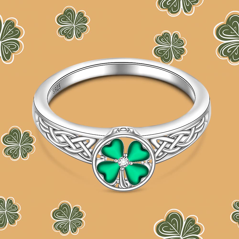 St Patricks Day Shamrock Ring Four Leaf Clover Ring for Women Sterling Silver Celtic Knot Irish Green 4 Leaf Clover Jewelry Prom Valentines Gifts Size 7