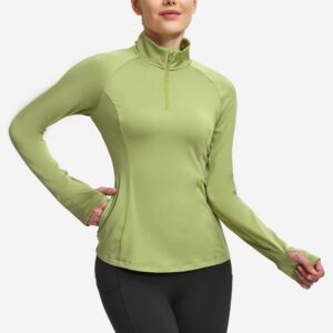 Hiverlay Women's Thermal Fleece Half Zip Thumbholes Long Sleeve Running Pullover Equestrian Shirt for Cold Weather Green XL