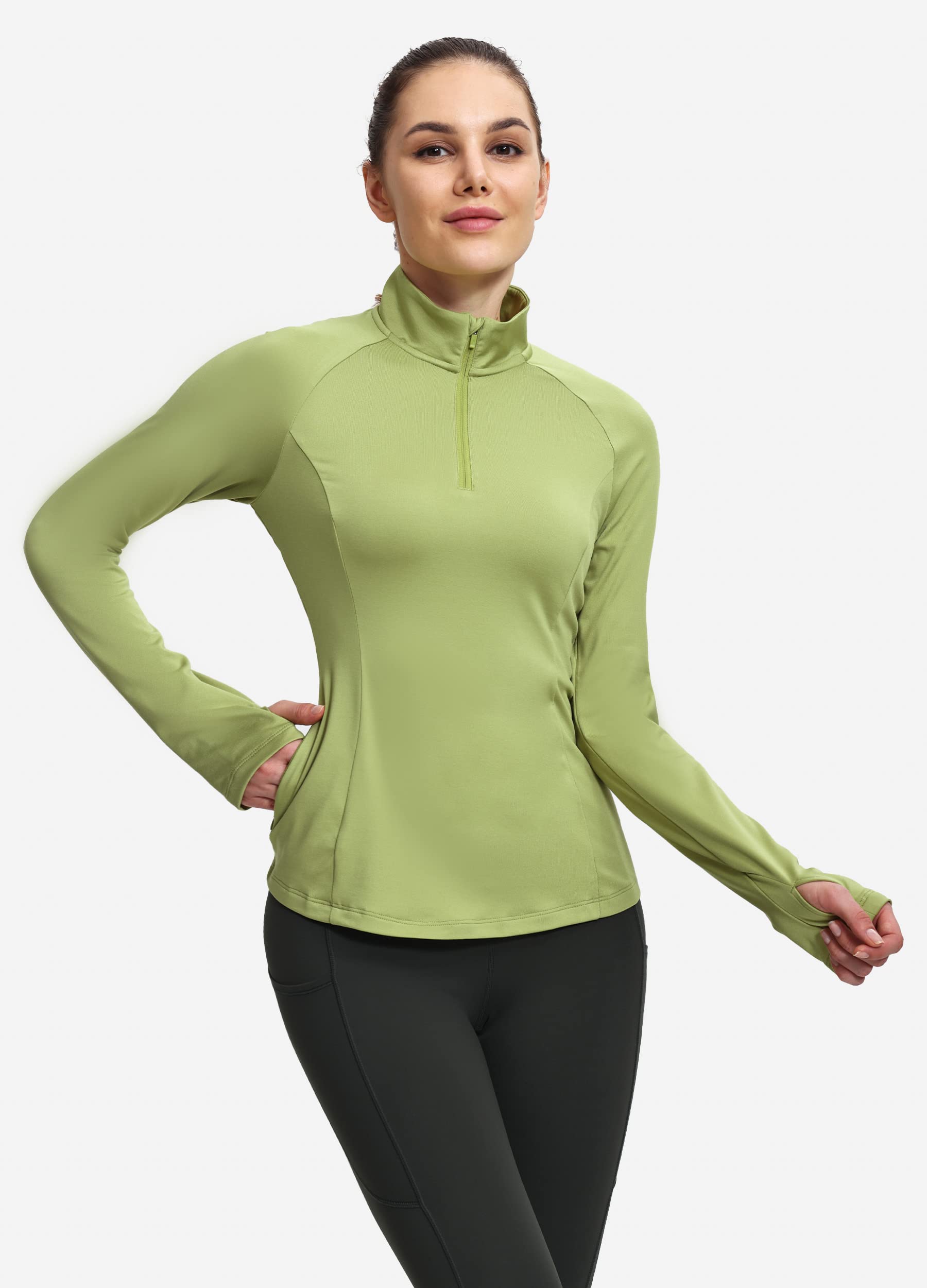 Hiverlay Women's Thermal Fleece Half Zip Thumbholes Long Sleeve Running Pullover Equestrian Shirt for Cold Weather Green XL