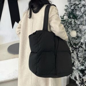 Women's Puffer Tote Bag Quilted Zipper Puffy Bag Large Capacity Padded Shoulder Bag Solid Color Aesthetic Soft Handbag (Black)