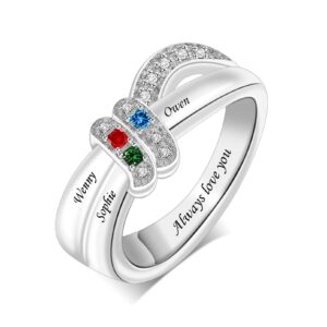 Seecoco Sterling Silver Personalized Mother Rings with 1-8 Simulated Birthstones for Woman Engraved Name Ring Custom Family Ring for Mom, Grandmother in Mother Days, Birthday, Christmas (Color 3)