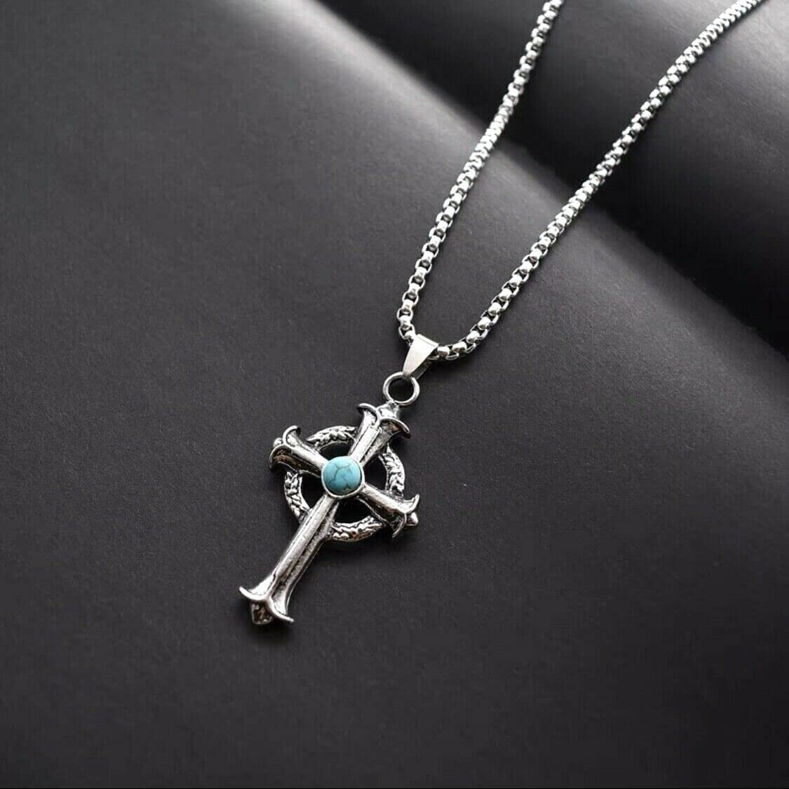 Vintage Turquoise Silver Celtic Cross Pendant Necklace Stainless Steel Chain 24"