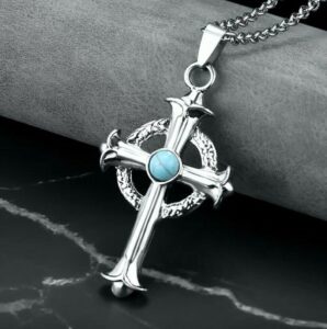 vintage turquoise silver celtic cross pendant necklace stainless steel chain 24"