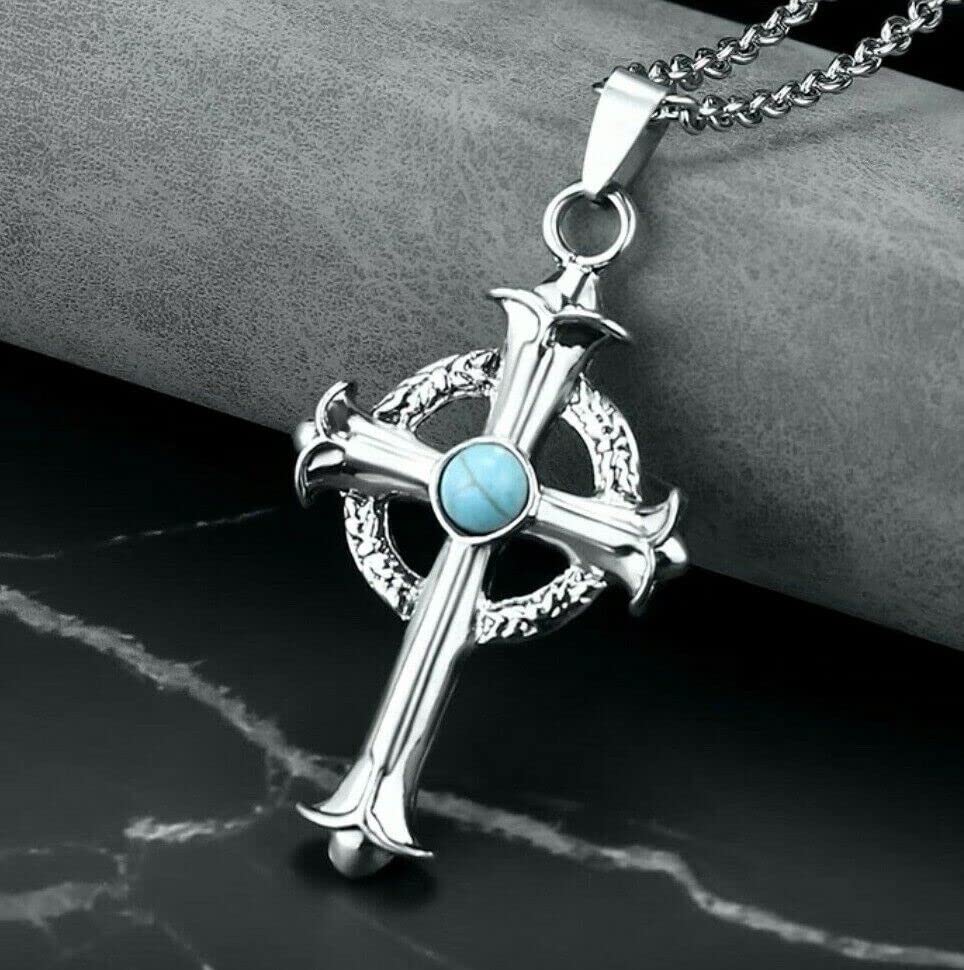 Vintage Turquoise Silver Celtic Cross Pendant Necklace Stainless Steel Chain 24"