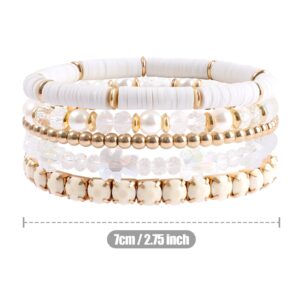 MAKERSLAND White Bracelets Cute Clay Beaded Crystal White Cute Bracelet Set for Women, 5Pcs Strand Stretch Preppy Heishi Bracelet Beach Bohemian Layering Bracelet Jewelry for Teens