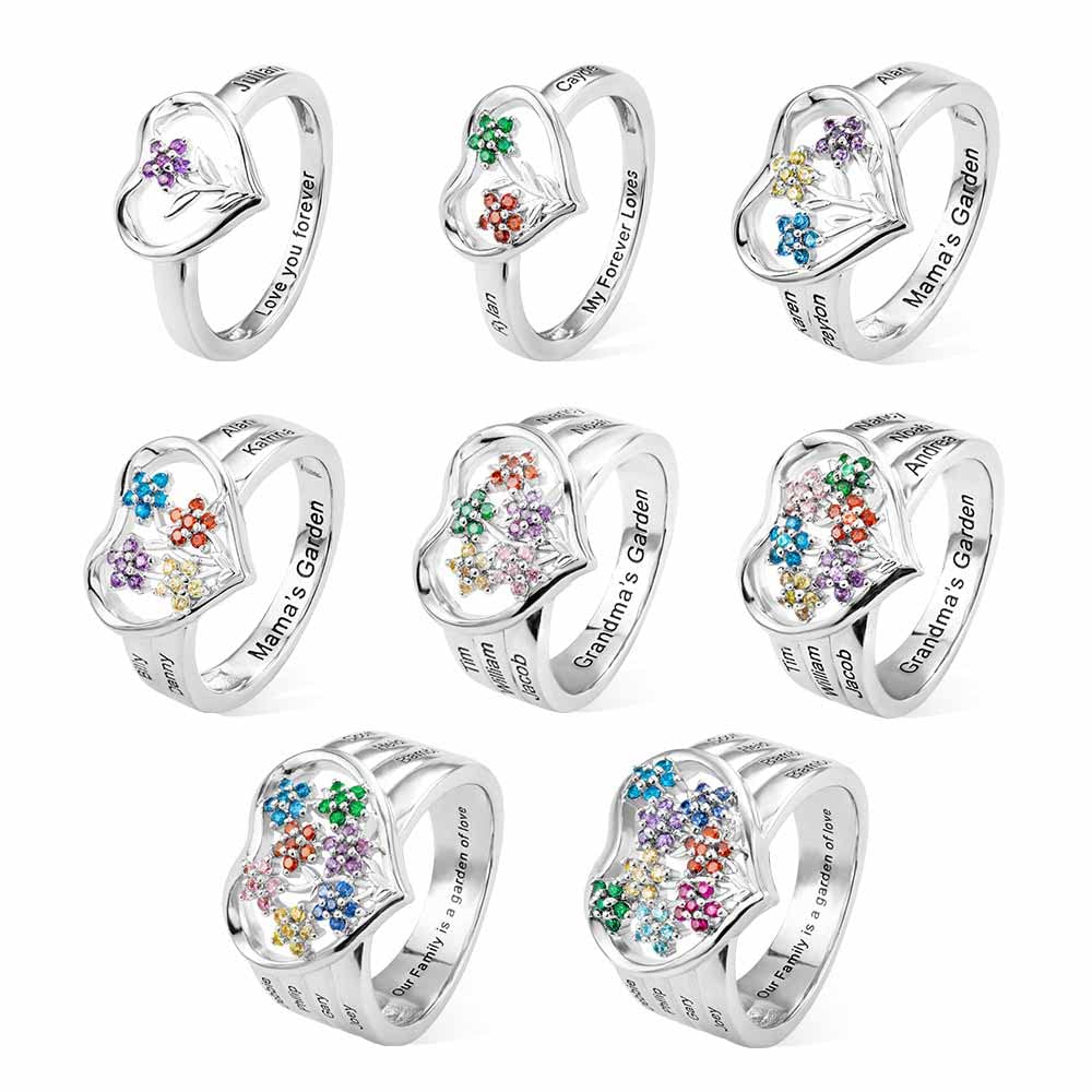 Custom Heart Mother Rings 925 Sterling Silver Personalized 1-8 Names and Birthstones Rings For Women Engraved Garden Flower Ring Family Love Jewelry Birthday Gifts For Mom Grandmother Mama Wife