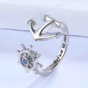 925-Sterling-Silver Anchor Ring for Women - Adjustable Fidget Anxiety Ring Ship Wheel Ring Spinning Ring Anchor Jewelry For Teens (Spinning Wheel Anchor Ring)