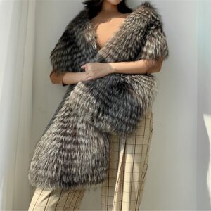 LO-01 Big Fluffy Fur Shawl Scarf With Real Silver Fox Qualitied Fur For Women Autumn Winter Spring Skiing Warm Wear Furry Collar Fuzzy Big Wrap Scarf (One Size, Silver Fox)