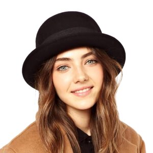 INOGIH Wool Derby Hat Round Cloche Hat for Men and Women Black Bowler Hat Upturn Brim Church Hat