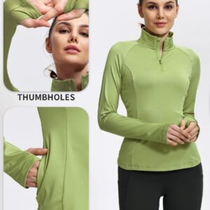 Hiverlay Women's Thermal Fleece Half Zip Thumbholes Long Sleeve Running Pullover Equestrian Shirt for Cold Weather Green XL