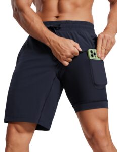 crz yoga men's 2 in 1 running shorts with liner 9'' quick dry workout sports athletic shorts with pockets navy x-large