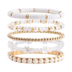 MAKERSLAND White Bracelets Cute Clay Beaded Crystal White Cute Bracelet Set for Women, 5Pcs Strand Stretch Preppy Heishi Bracelet Beach Bohemian Layering Bracelet Jewelry for Teens