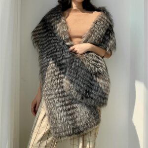 LO-01 Big Fluffy Fur Shawl Scarf With Real Silver Fox Qualitied Fur For Women Autumn Winter Spring Skiing Warm Wear Furry Collar Fuzzy Big Wrap Scarf (One Size, Silver Fox)