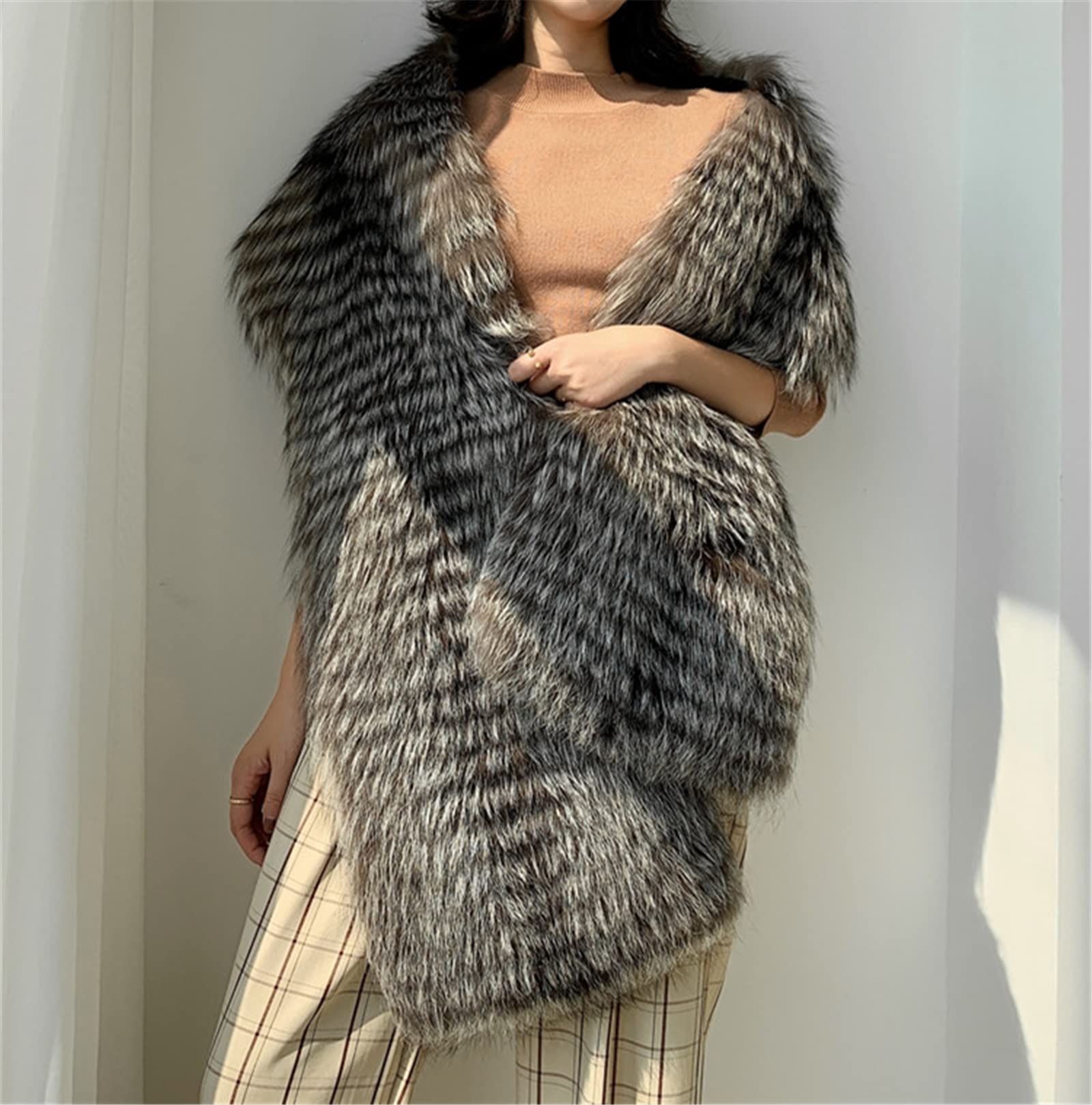 LO-01 Big Fluffy Fur Shawl Scarf With Real Silver Fox Qualitied Fur For Women Autumn Winter Spring Skiing Warm Wear Furry Collar Fuzzy Big Wrap Scarf (One Size, Silver Fox)