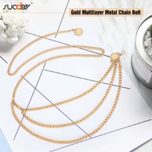 SUOSDEY Multilayer Chain Belts for Women Adjustable Metal Waist Chain Belt Fashion Belt for Pants Dresses, Gold