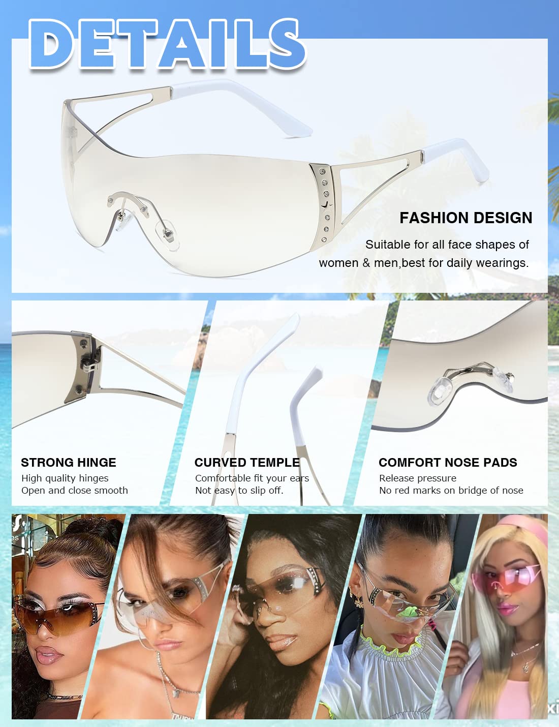 TIANYESY Y2K Sunglasses For Women Men Fashion Shield Rimless Wrap Around Sunglass Gradient Lens Trendy Oversize Sun Glasses (Silver+Gradual Tan)