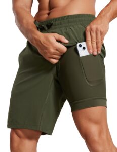 crz yoga men's 2 in 1 running shorts with liner 9'' quick dry workout sports athletic shorts with pockets dark olive medium