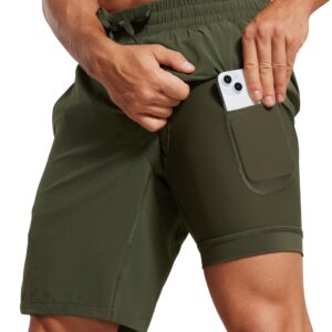 CRZ YOGA Men's 2 in 1 Running Shorts with Liner 9'' Quick Dry Workout Sports Athletic Shorts with Pockets Dark Olive Medium