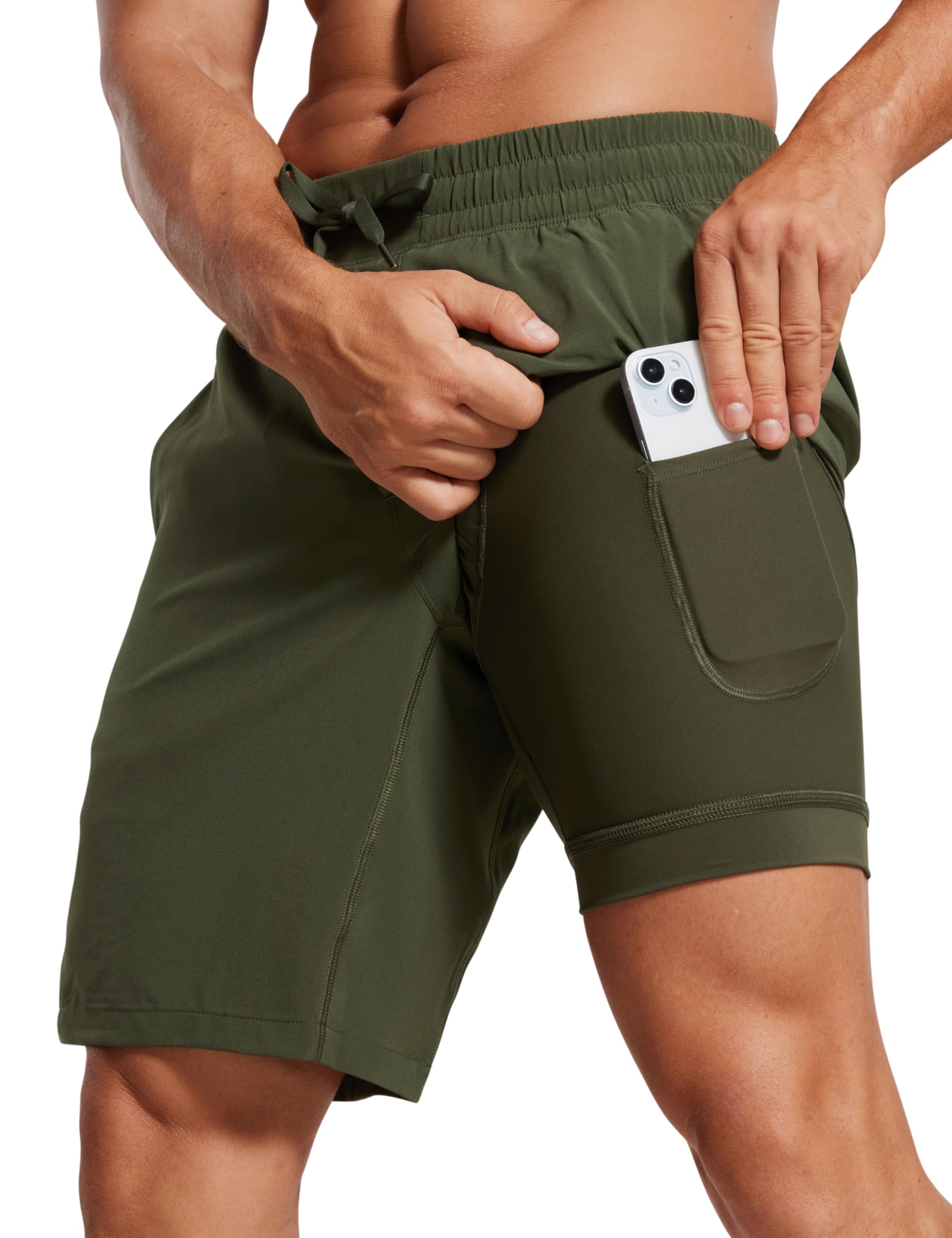 CRZ YOGA Men's 2 in 1 Running Shorts with Liner 9'' Quick Dry Workout Sports Athletic Shorts with Pockets Dark Olive Medium