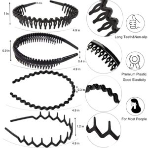 ULTIMUTE 8 PCS Fashion No Slip Effortless Plastic Headbands with Teeth Comb Black Skinny Headbands Hair Bands for Women Men Teen Girls, Classic Black Bright