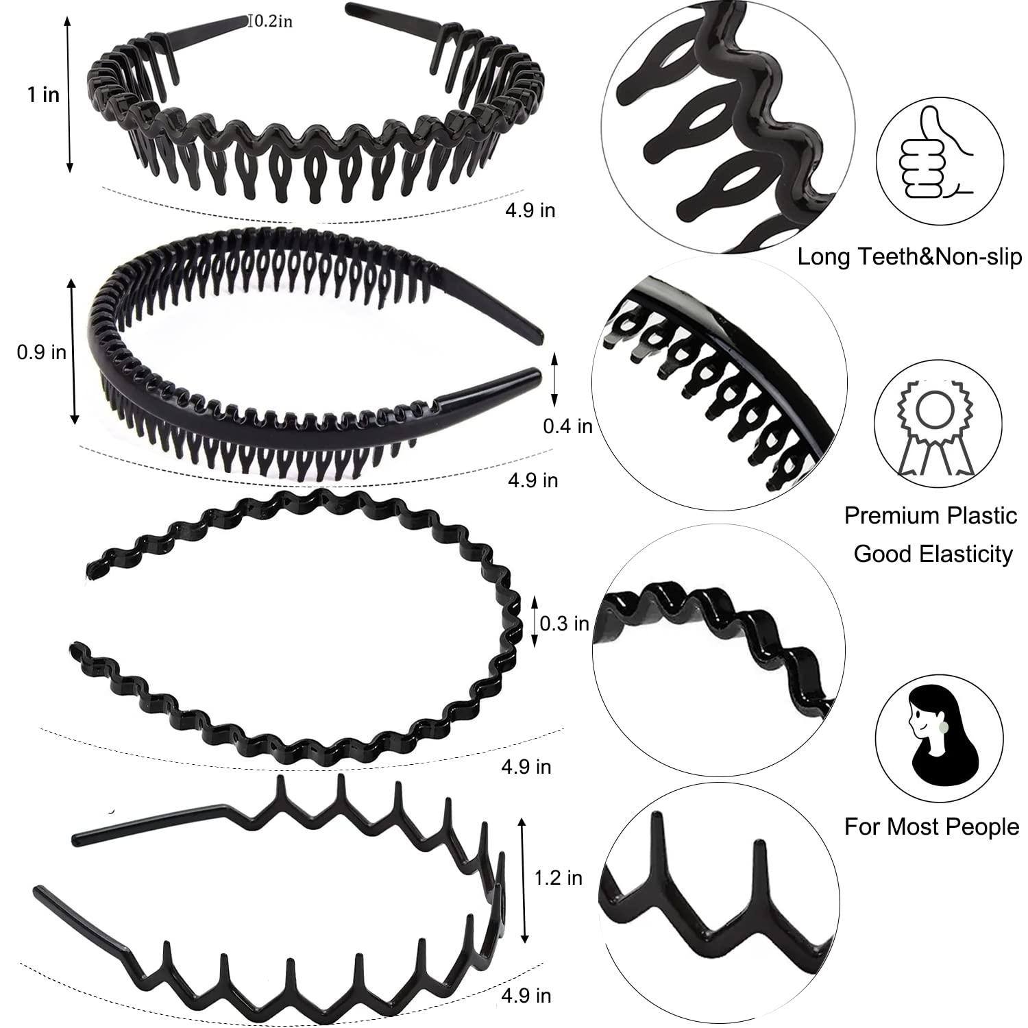 ULTIMUTE 8 PCS Fashion No Slip Effortless Plastic Headbands with Teeth Comb Black Skinny Headbands Hair Bands for Women Men Teen Girls, Classic Black Bright