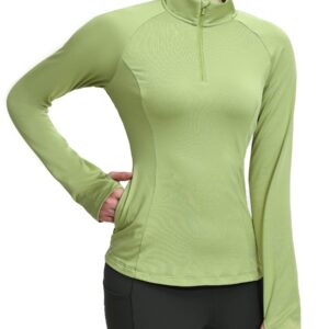 Hiverlay Women's Thermal Fleece Half Zip Thumbholes Long Sleeve Running Pullover Equestrian Shirt for Cold Weather Green XL