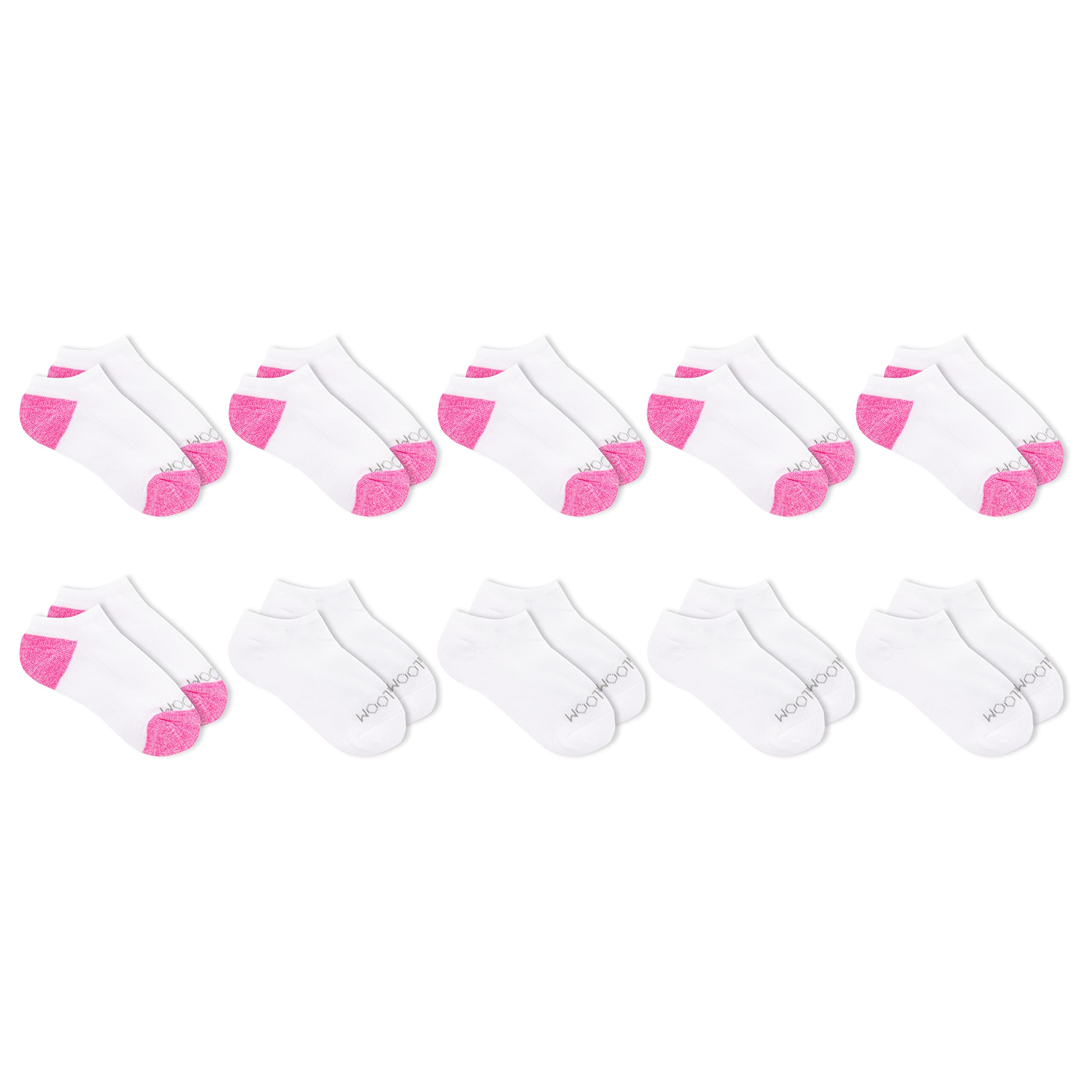 Fruit of the Loom Girls' Little 10-Pair Everyday Soft No Show Socks White/Pink Large