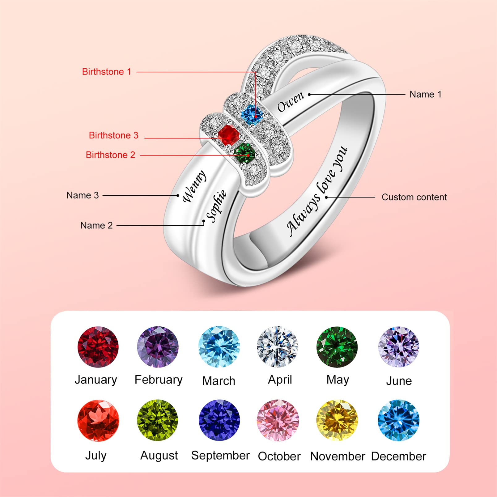 Seecoco Sterling Silver Personalized Mother Rings with 1-8 Simulated Birthstones for Woman Engraved Name Ring Custom Family Ring for Mom, Grandmother in Mother Days, Birthday, Christmas (Color 3)