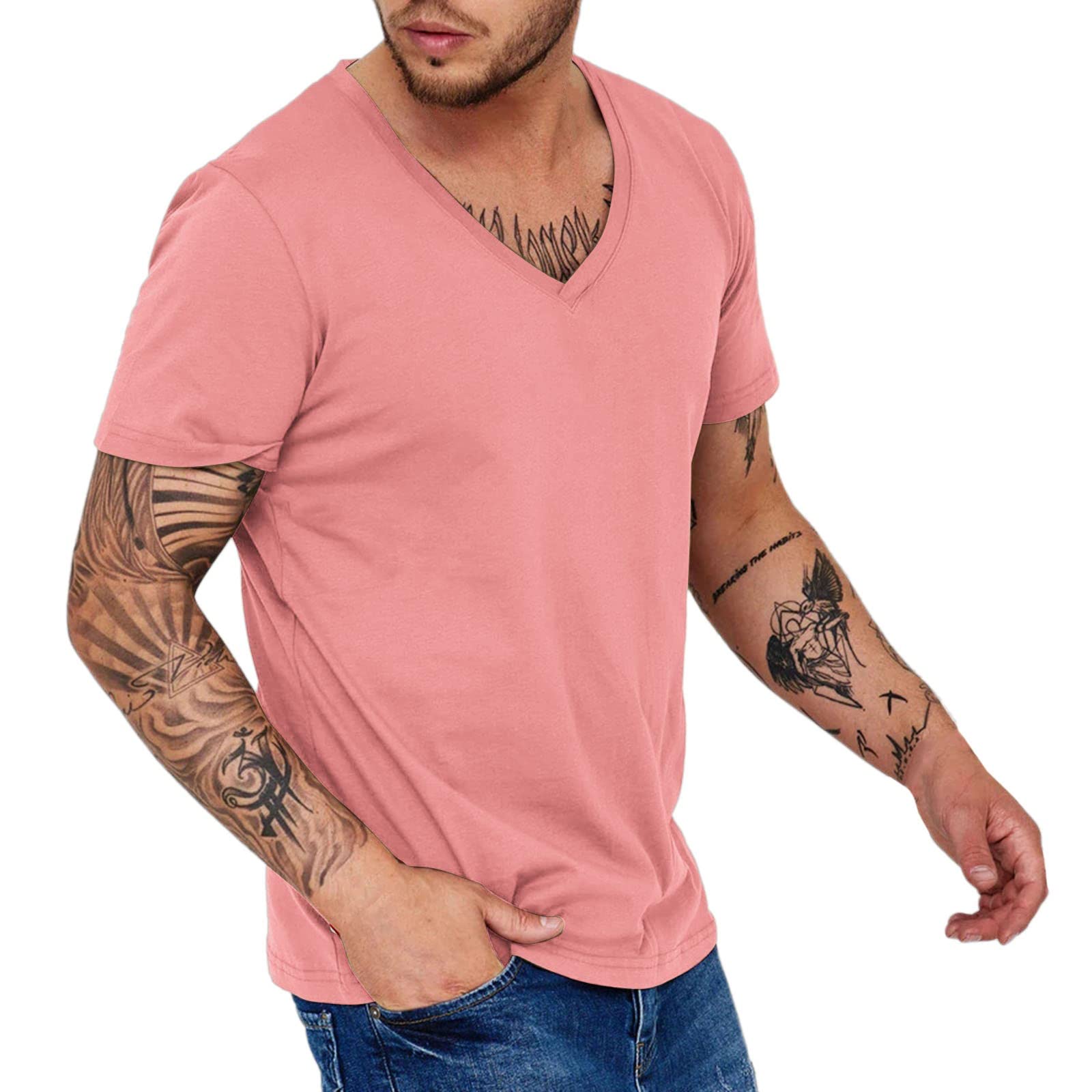 Mens V Neck T Shirt Fashion Casual Quick Dry Breathable Sweat Wicking Short Sleeve Top The T Shirts for Men (Pink, XXXL)