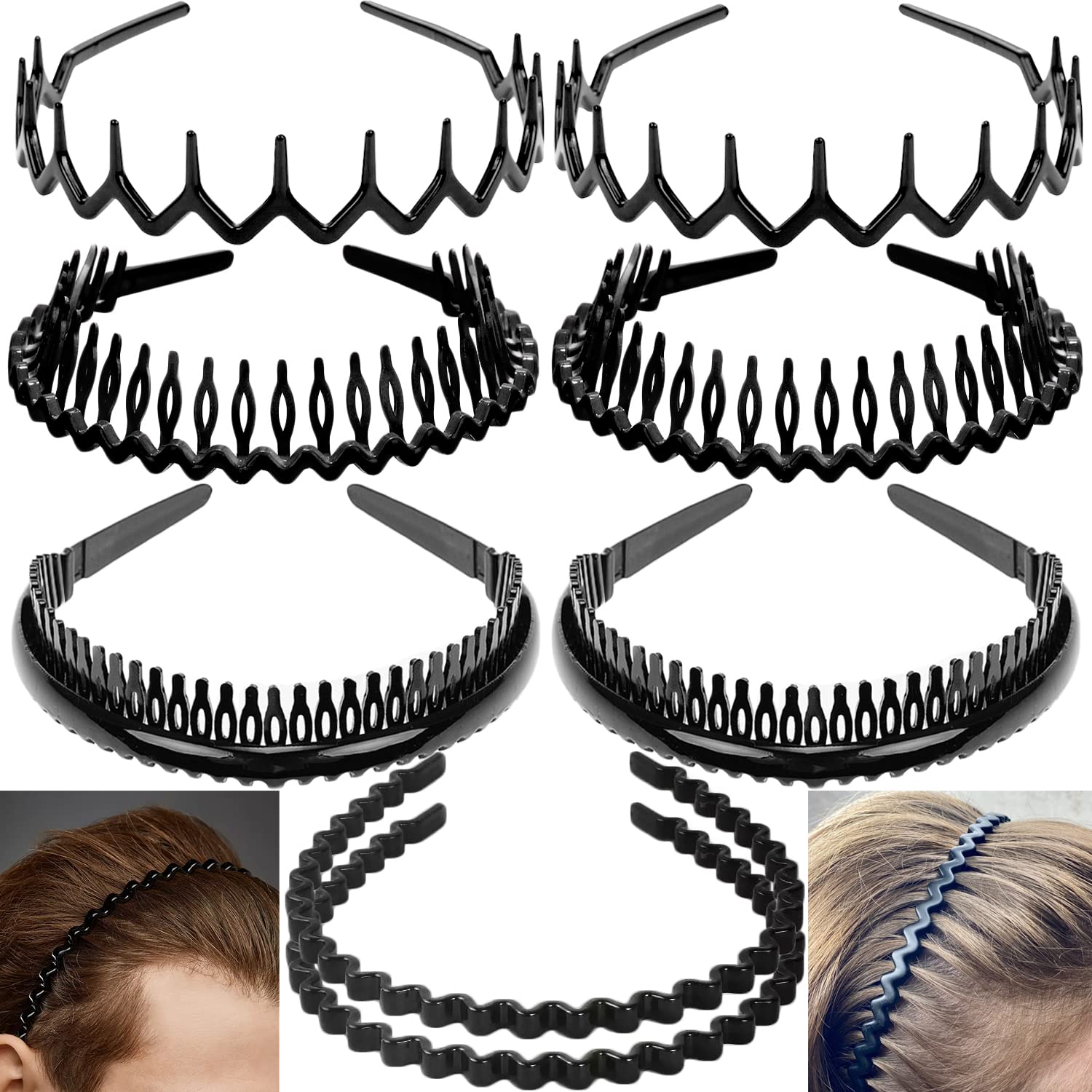 ULTIMUTE 8 PCS Fashion No Slip Effortless Plastic Headbands with Teeth Comb Black Skinny Headbands Hair Bands for Women Men Teen Girls, Classic Black Bright