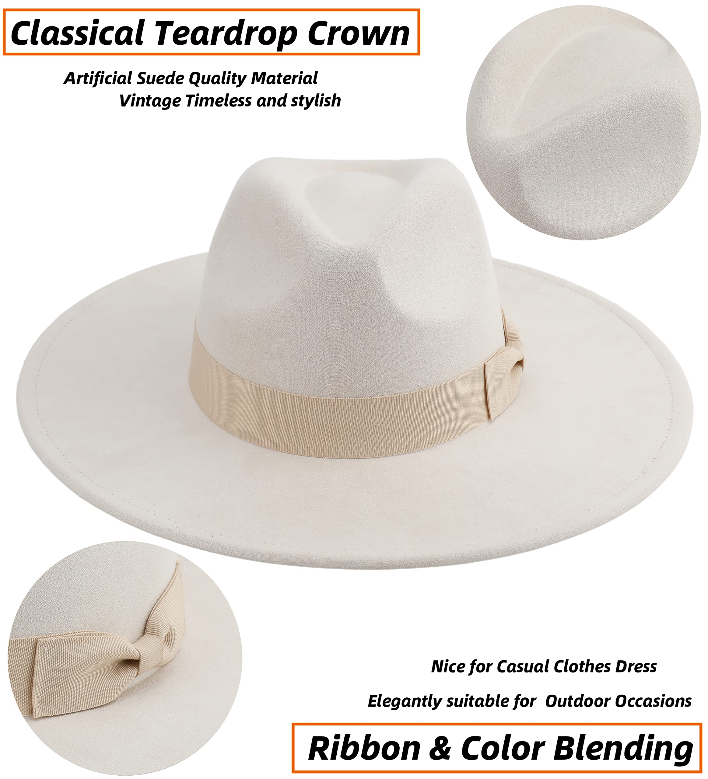 Pro Celia Big Wide Brim Fedora Hat for Women Large Felt Panama Rancher Hat (Ivory)