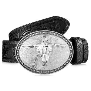 xuniea cowboy belt for men longhorn bull buckle belt western leather buckle belt floral engraved buckle belt (black, 45 inch)