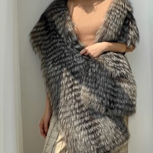 LO-01 Big Fluffy Fur Shawl Scarf With Real Silver Fox Qualitied Fur For Women Autumn Winter Spring Skiing Warm Wear Furry Collar Fuzzy Big Wrap Scarf (One Size, Silver Fox)