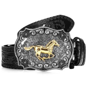 xuniea western cowboy belts for men women horse buckle belt cowgirl leather belt(for 36-39" waist,black)