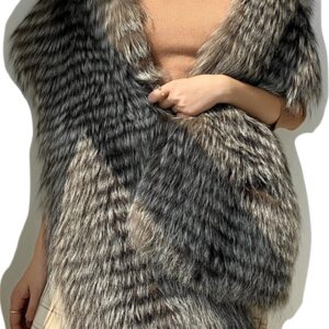 LO-01 Big Fluffy Fur Shawl Scarf With Real Silver Fox Qualitied Fur For Women Autumn Winter Spring Skiing Warm Wear Furry Collar Fuzzy Big Wrap Scarf (One Size, Silver Fox)