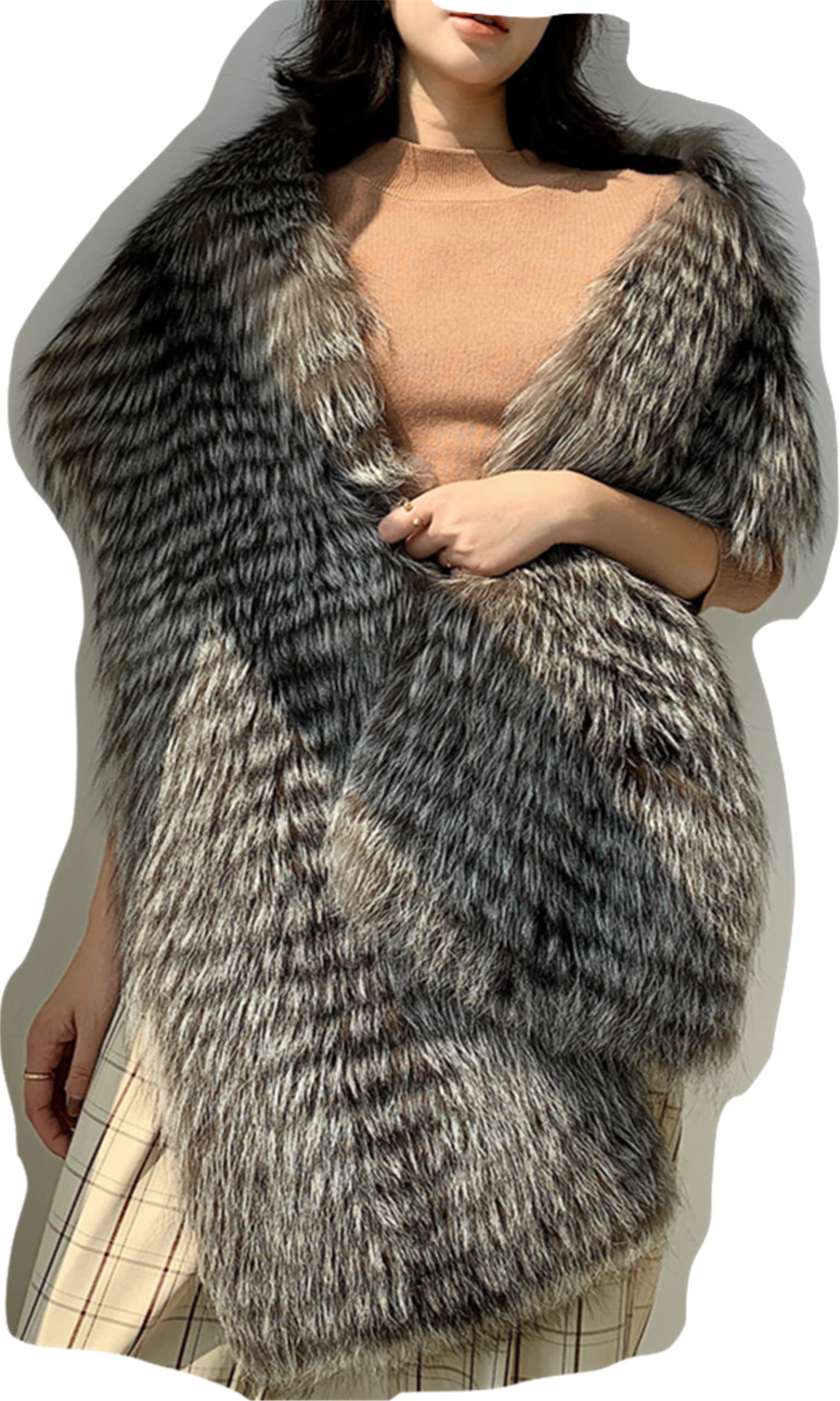 LO-01 Big Fluffy Fur Shawl Scarf With Real Silver Fox Qualitied Fur For Women Autumn Winter Spring Skiing Warm Wear Furry Collar Fuzzy Big Wrap Scarf (One Size, Silver Fox)