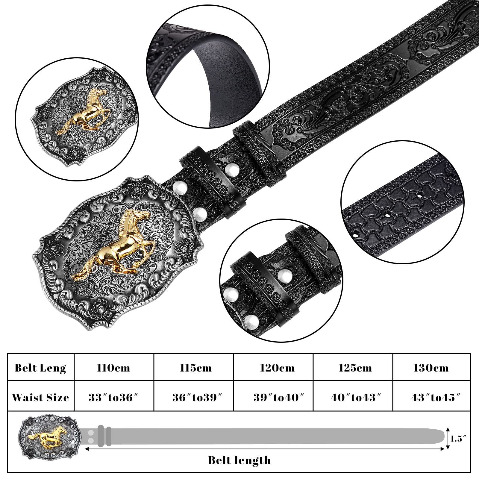 Xuniea Western Cowboy Belts for Men Women Horse Buckle Belt Cowgirl Leather Belt(for 36-39" Waist,Black)