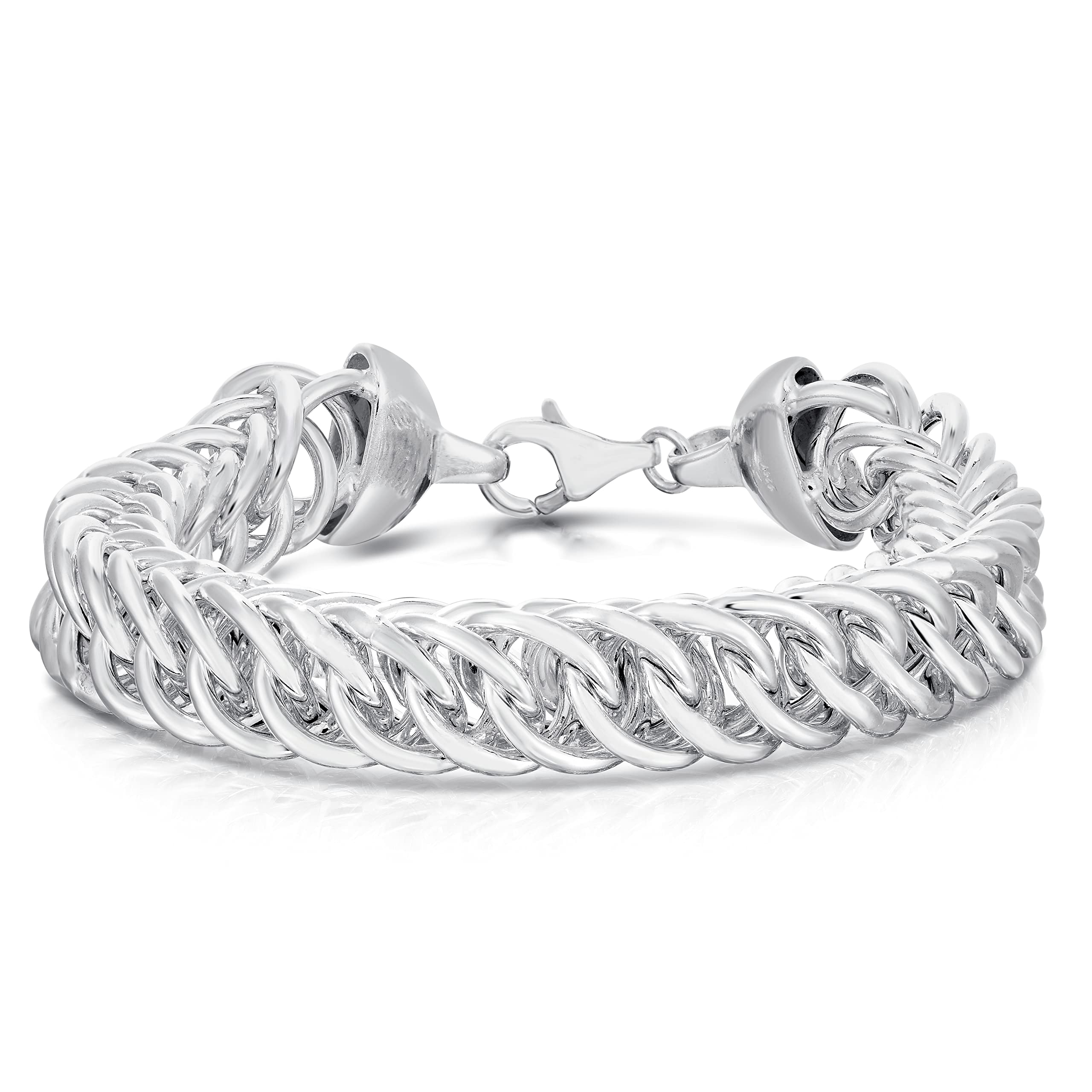 Savlano 925 Sterling Silver 10mm Rombo Double Cuban Curb Chain Bracelet -7.5 inch Hollow Cuban Curb Bracelet for Women - Made in Italy Comes with Gift Box