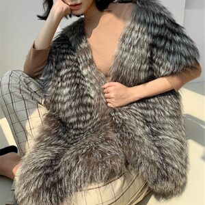 LO-01 Big Fluffy Fur Shawl Scarf With Real Silver Fox Qualitied Fur For Women Autumn Winter Spring Skiing Warm Wear Furry Collar Fuzzy Big Wrap Scarf (One Size, Silver Fox)