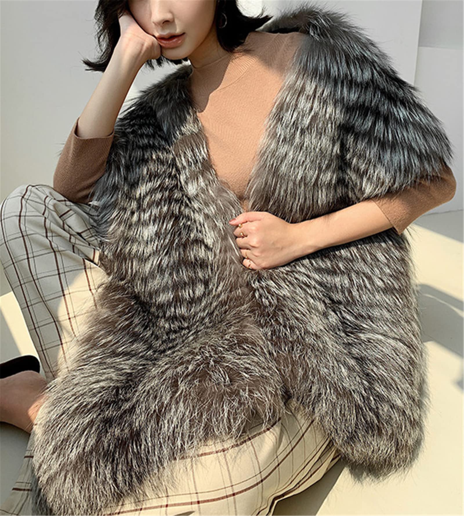 LO-01 Big Fluffy Fur Shawl Scarf With Real Silver Fox Qualitied Fur For Women Autumn Winter Spring Skiing Warm Wear Furry Collar Fuzzy Big Wrap Scarf (One Size, Silver Fox)