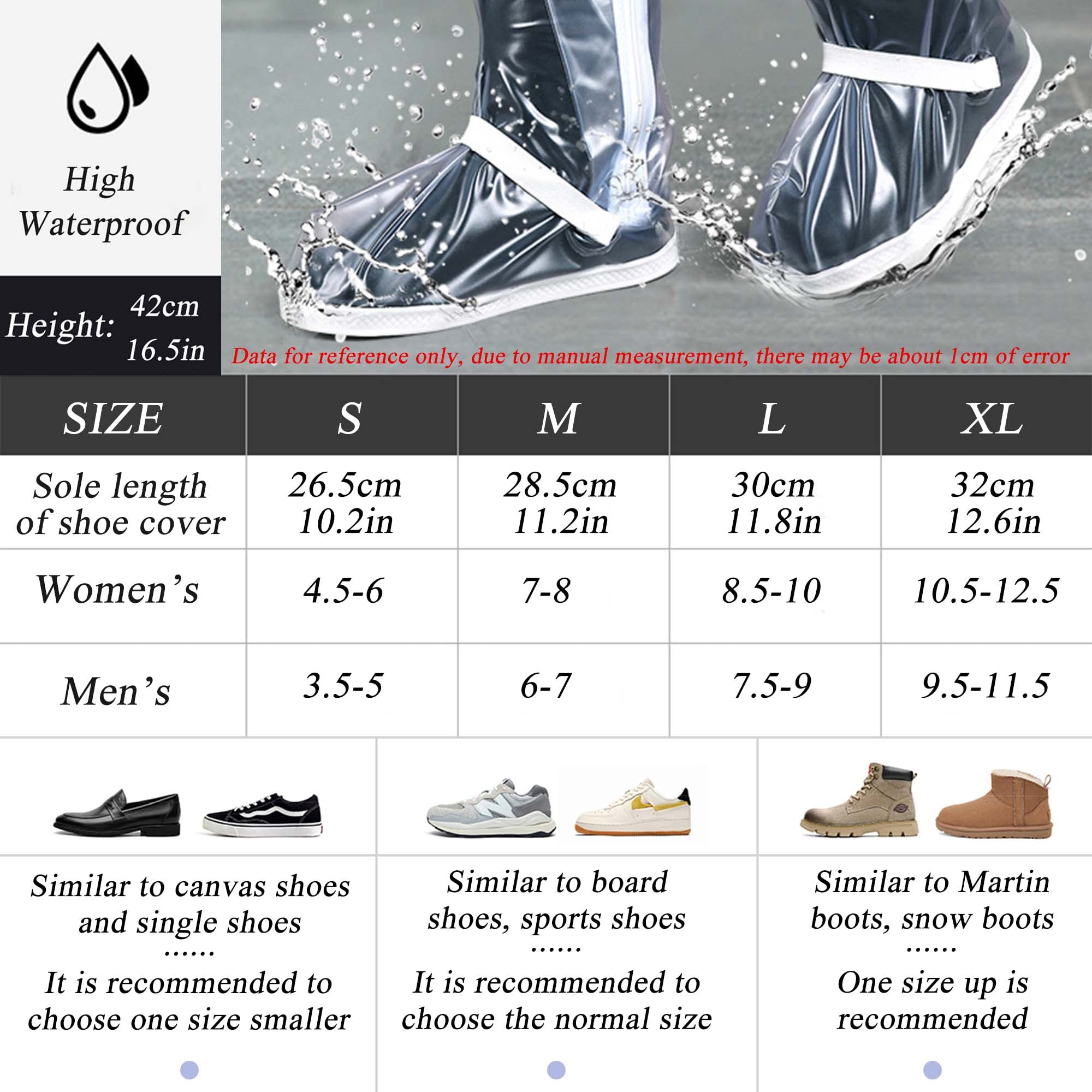 SooGree Waterproof Rain Shoe Covers Men Reusable Foldable Rain Snow Boot Shoe Covers with Reflector Non Slip Shoe Protector for Raining Day,Cycling,Gardening,Fishing,Hiking, Farming (Transparent, M)