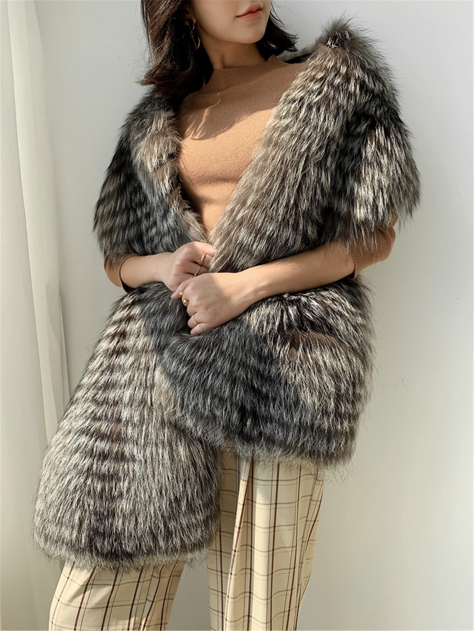 LO-01 Big Fluffy Fur Shawl Scarf With Real Silver Fox Qualitied Fur For Women Autumn Winter Spring Skiing Warm Wear Furry Collar Fuzzy Big Wrap Scarf (One Size, Silver Fox)