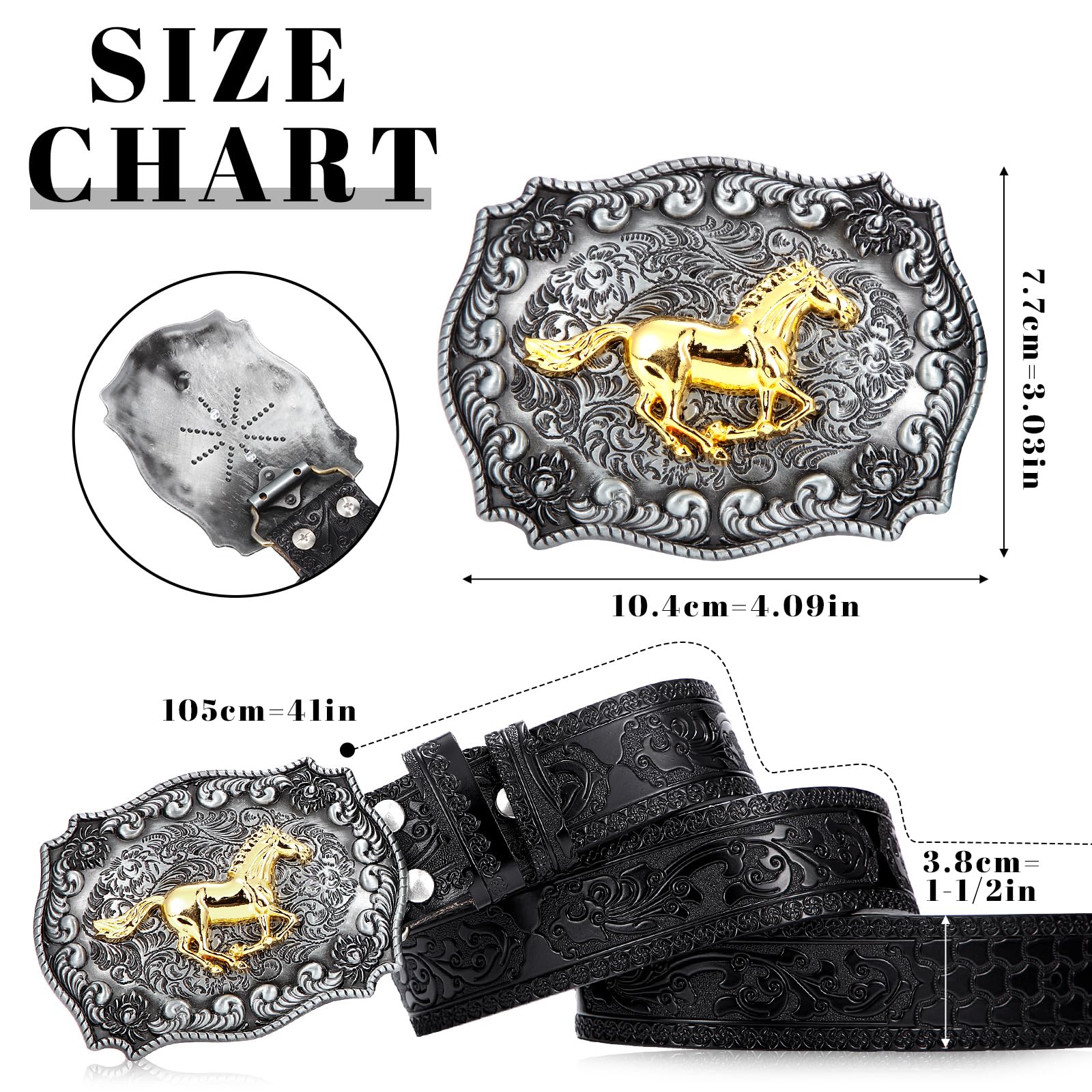 Xuniea Western Cowboy Belts for Men Women Horse Buckle Belt Cowgirl Leather Belt(for 36-39" Waist,Black)