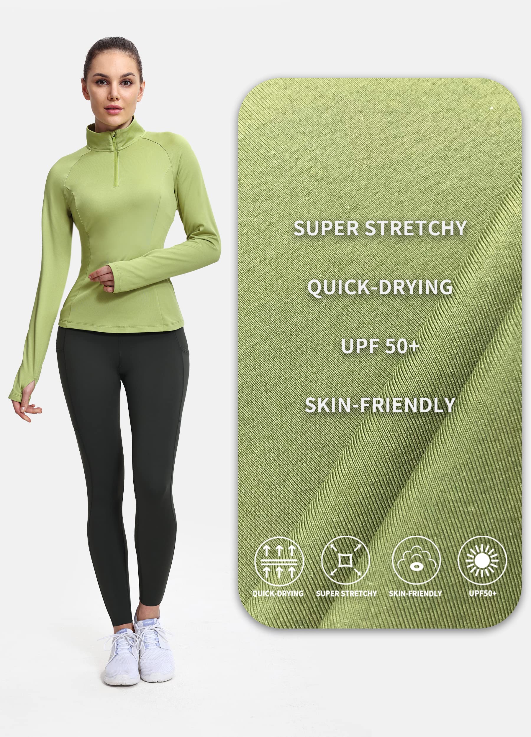 Hiverlay Women's Thermal Fleece Half Zip Thumbholes Long Sleeve Running Pullover Equestrian Shirt for Cold Weather Green XL