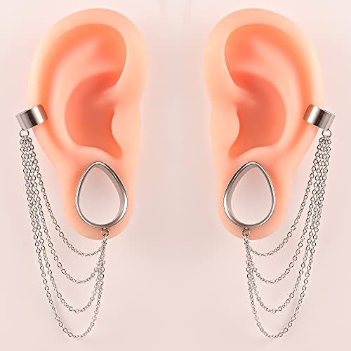 Atomhole 2PCS Teardrop Ear Tunnels Plugs with Chains Hypoallergenic Ear Gauges 316 Stainless Steel Ear Stretcher Expander Piercing Body Jewelry