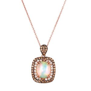 LE VIAN 1 Carat Chocolate Diamond and 1 1/2 Carat Cushion Cut Opal Double Halo Pendant Necklace for Women in 14k Rose Gold (White/Brown, cttw) on 18 Inch Long Chain with Lobster Claw Clasp