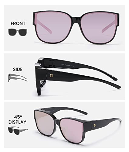 DUCO Fit Over Sunglasses for Men Women Wear Over Glasses Retro Wrap Around Polarized Sun Glasses UV400 Protection (A-Black Frame Revo Pink Lens)