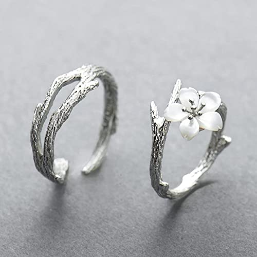 VNORA 925 Silver Couple'S Open Ring, 2Pcs Branch Cherry Blossom Texture Adjustable Ring, Suitable For Daily Wear Jewelry Woman