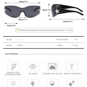 Palarado Y2K Sunglasses Accessories Glasses Fashion 2000s Cyber Shield Wrap Around Star Sunglasses for Women Rimless Trendy Shades (Black Frame/Grey Lens)