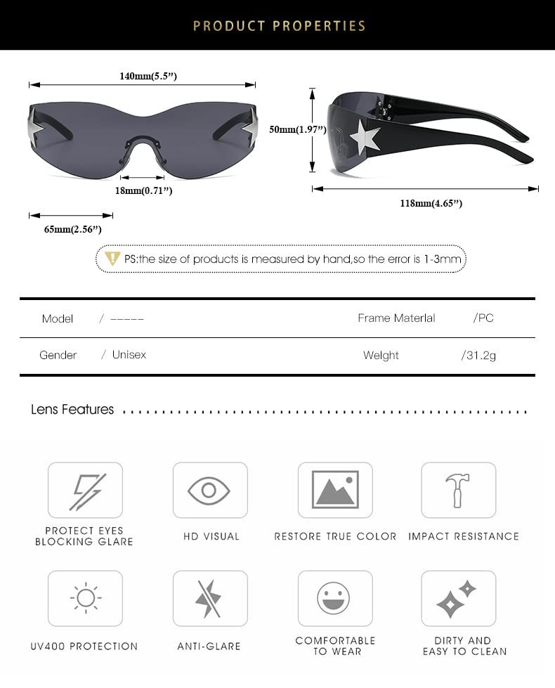 Palarado Y2K Sunglasses Accessories Glasses Fashion 2000s Cyber Shield Wrap Around Star Sunglasses for Women Rimless Trendy Shades (Black Frame/Grey Lens)